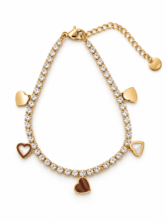 Gold-Tone Crystal Tennis Bracelet with Mixed Heart Charms
