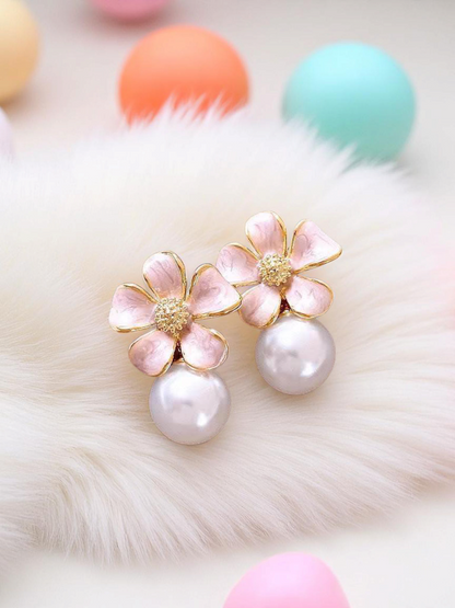 Sakura Kisses - Blush Petals & Pearls Small Korean Earrings
