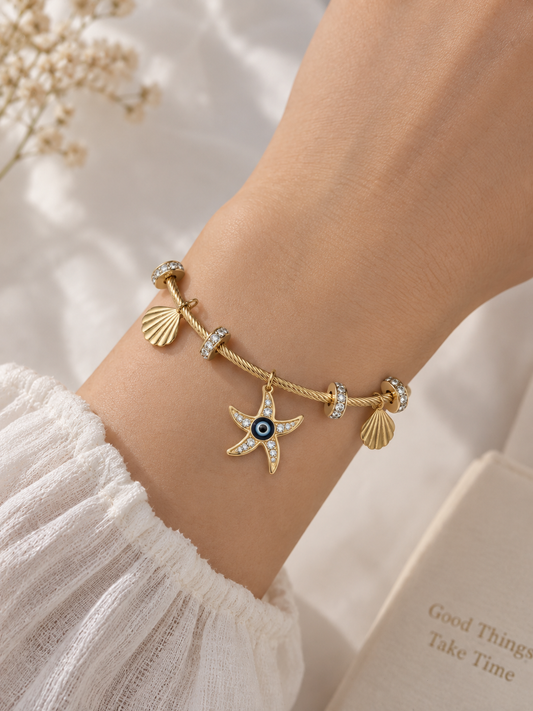 Tidal Starfish & Shell Evil Eye Charm Bangle- Anti Tarnish 18K Gold Plated Stainless Steel Bracelet