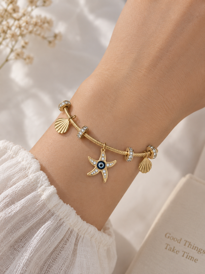 Tidal Starfish & Shell Evil Eye Charm Bangle- Anti Tarnish 18K Gold Plated Stainless Steel Bracelet