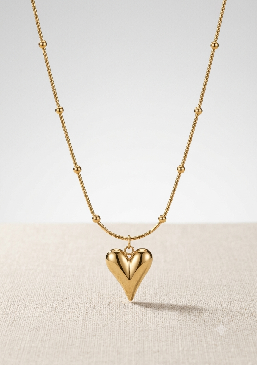 High-Polish Vesper Heart Pendant on Beaded Snake Chain