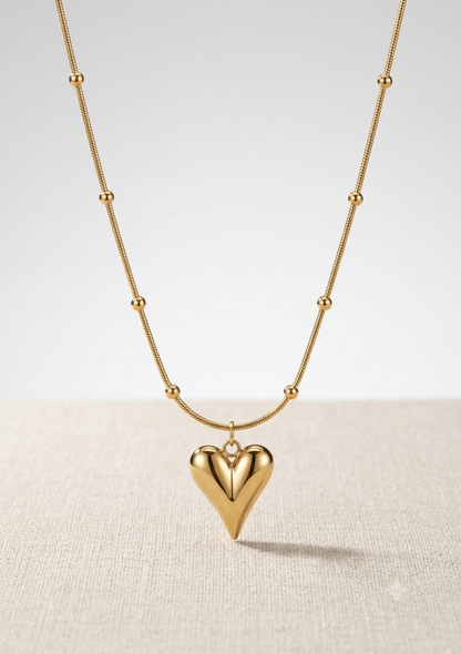 High-Polish Vesper Heart Pendant on Beaded Snake Chain