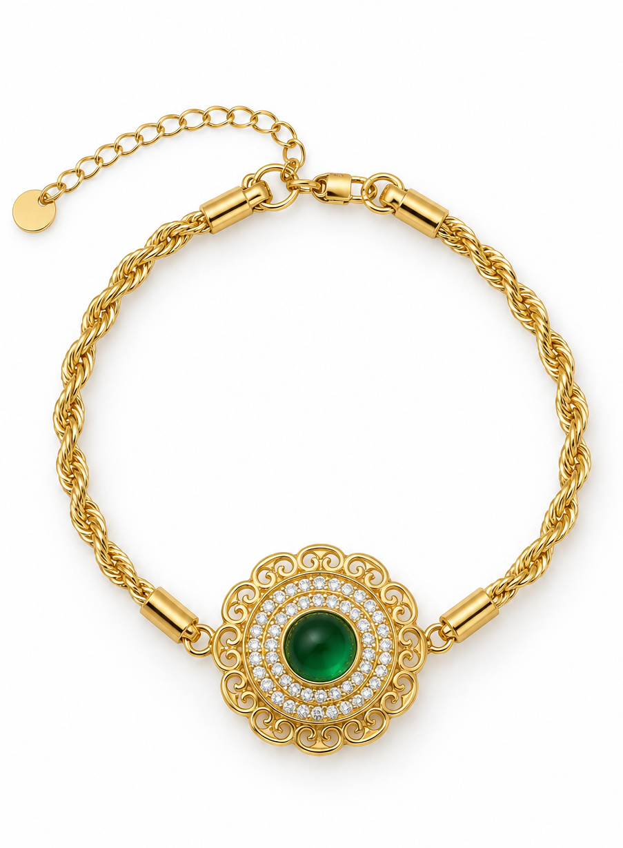 Vintage Filigree Emerald Green Cabochon Bracelet on Gold Twisted Rope Chain