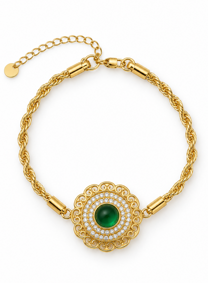 Vintage Filigree Emerald Green Cabochon Bracelet on Gold Twisted Rope Chain