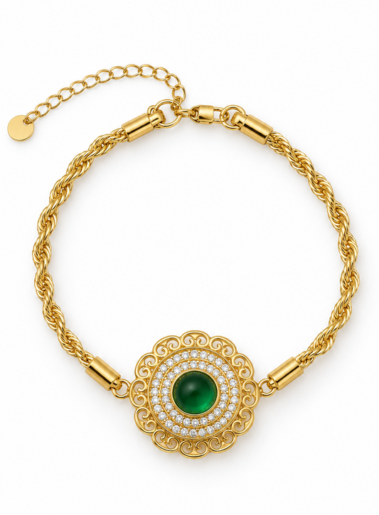 Vintage Filigree Emerald Green Cabochon Bracelet on Gold Twisted Rope Chain