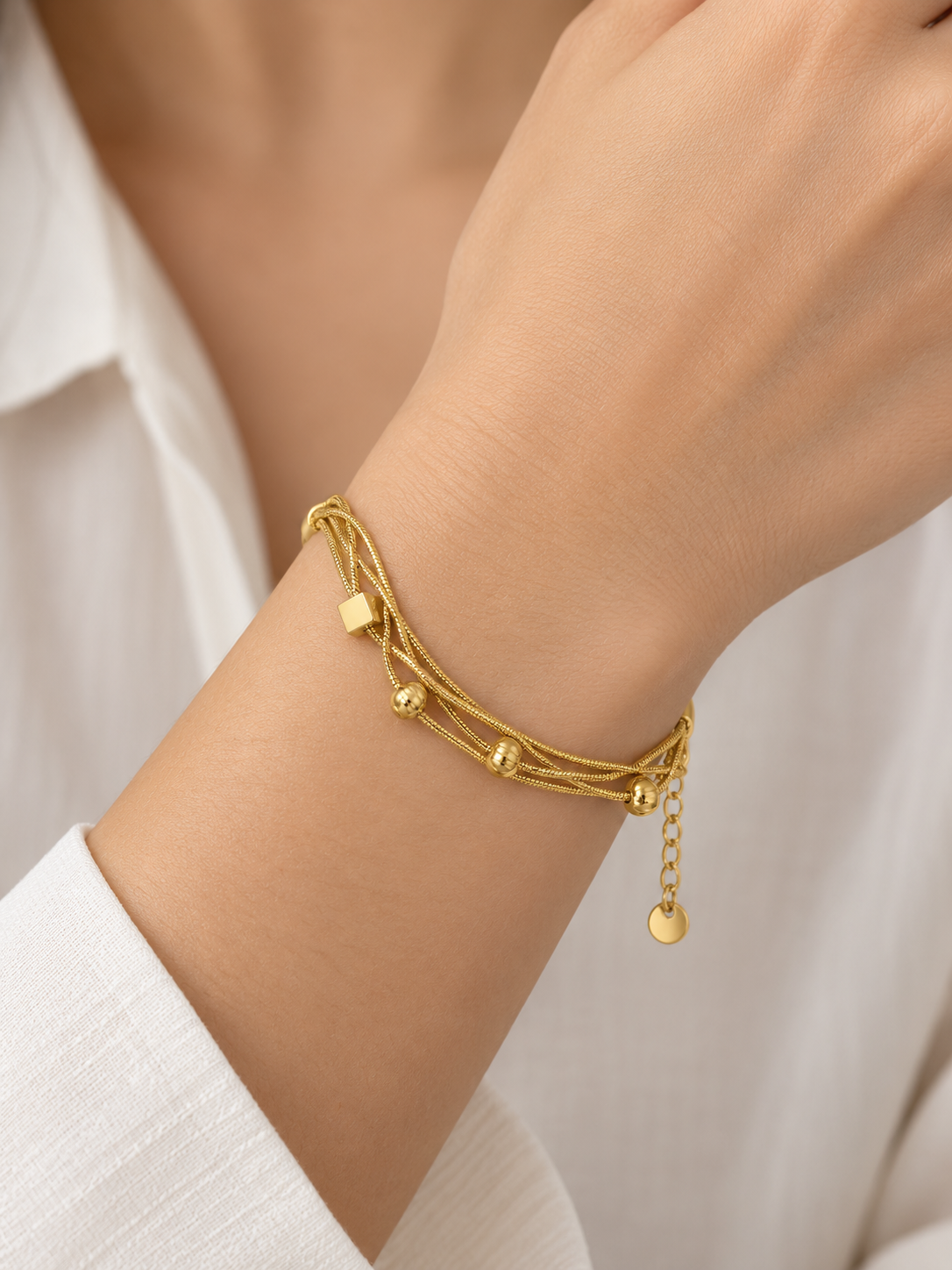 Triple-Strand Gold Bracelet with Beaded & Square Accents