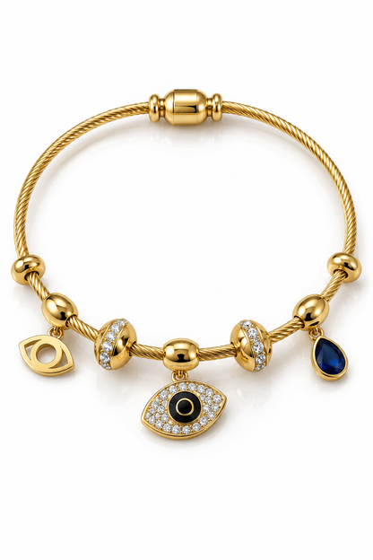 18K Gold-Tone Evil Eye Charm Bracelet with Blue Teardrop & Crystal Accents