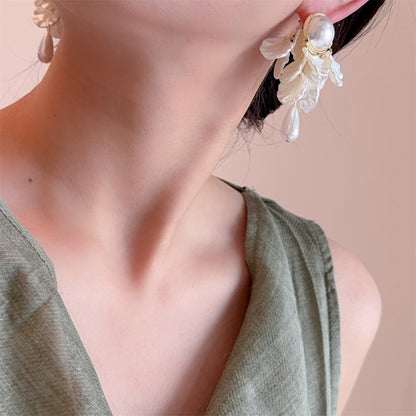 Pearly Moonlit Lagoon Cascade With Big Pearl Stud Korean Earrings