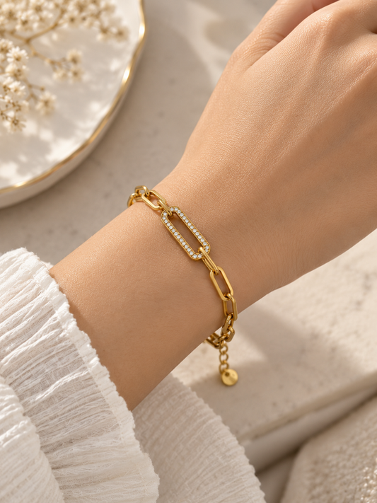 Gold-Tone Crystal Paperclip Bracelet with Pavé Link Accent