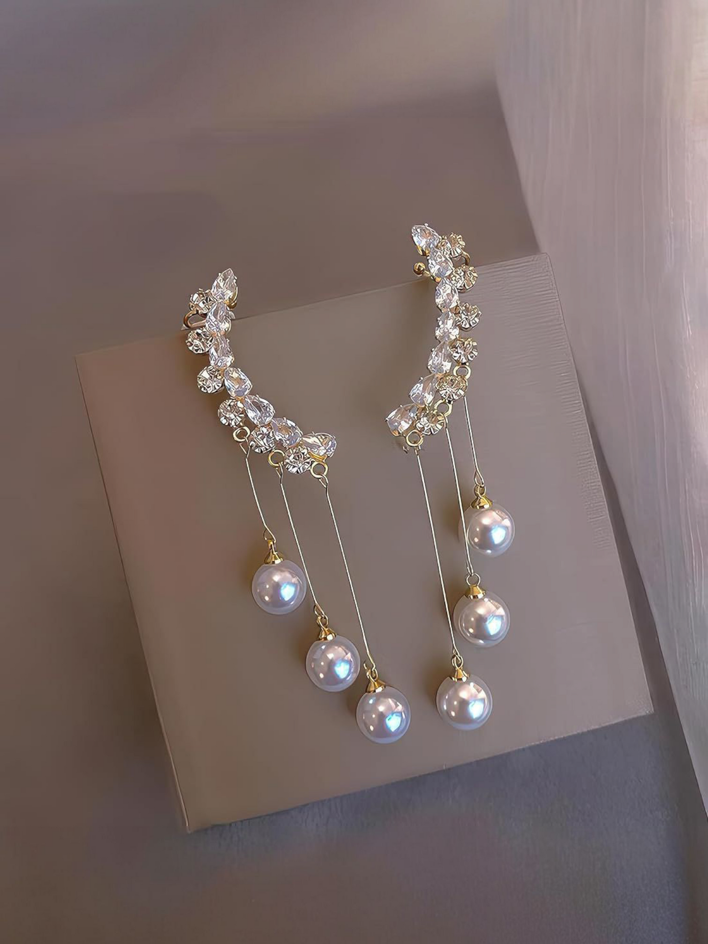 Cresent Moonlight Drops - Crystal and Pearl Korean Danglers