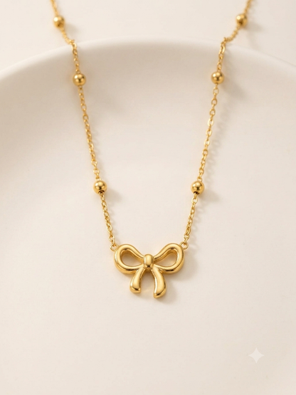 Minimalist Gold Ribbon Bow Necklace with Beaded Satellite Chain