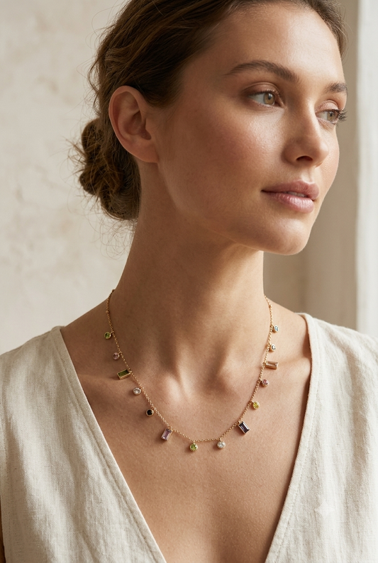 Prism Mosaic Charm Necklace-18K Gold Plated Stainless Steel Anti Tarnish Necklace
