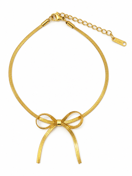 Herringbone Bow Bracelet - 18K Gold Plated Stainless Steel Anti Tarnish Snake Chain