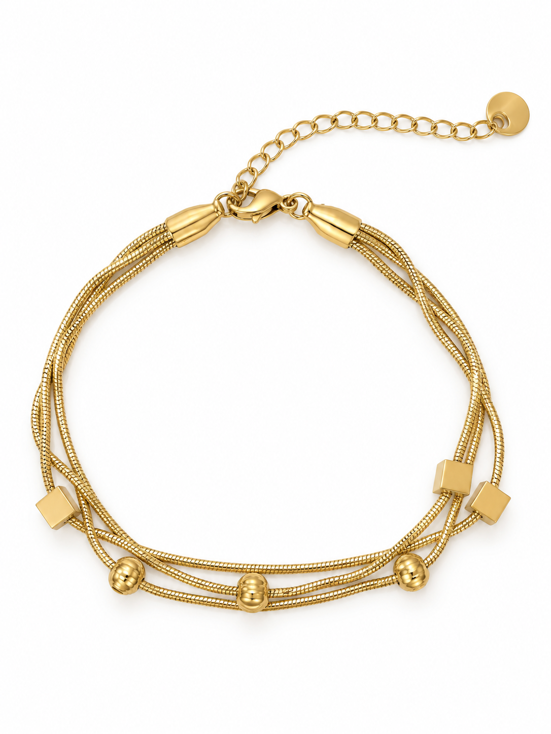 Triple-Strand Gold Bracelet with Beaded & Square Accents
