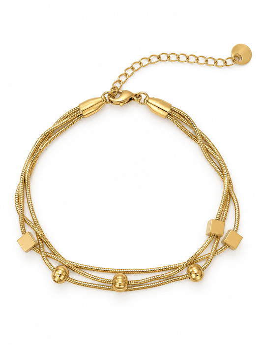 Triple-Strand Gold Bracelet with Beaded & Square Accents